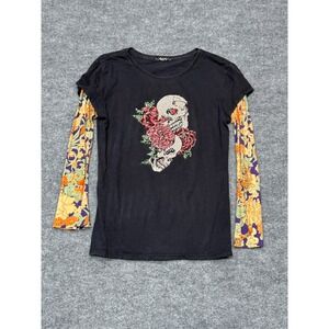 Shorty Womens Rhinestone Skull Roses Floral Layered SleeveGraphic Tee Black M